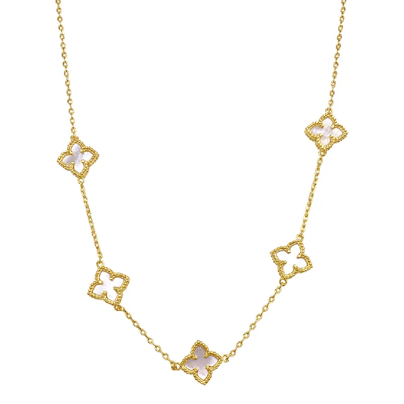 Women’s vintage gold necklaces-14k Gold Plated White Mother of Pearl Floral Station Necklace