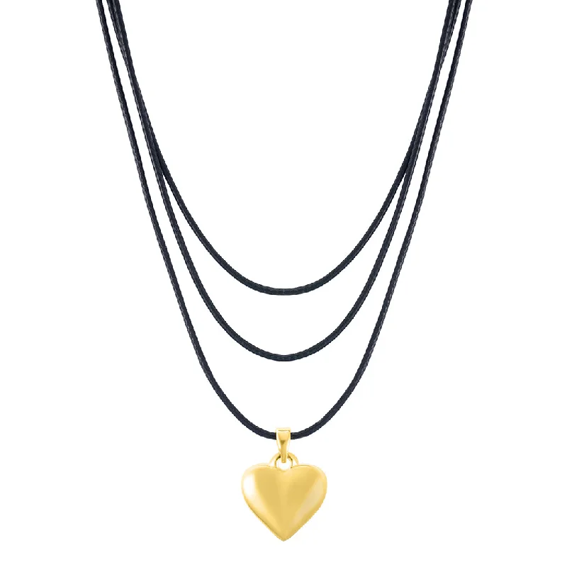 Women’s infinity necklaces-14k Gold Plated Adjustable Puffy Heart with Black Chord Bolo Necklace