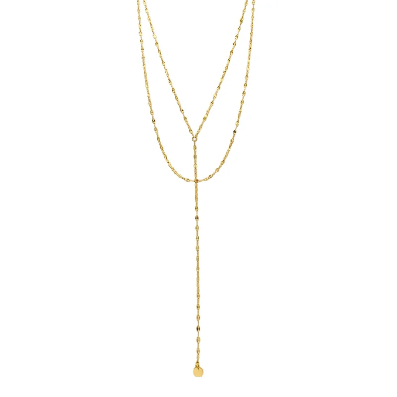 Women’s cross necklaces-Tarnish Resistant 14k Gold Plated Y-Necklace with Double Layer Chain