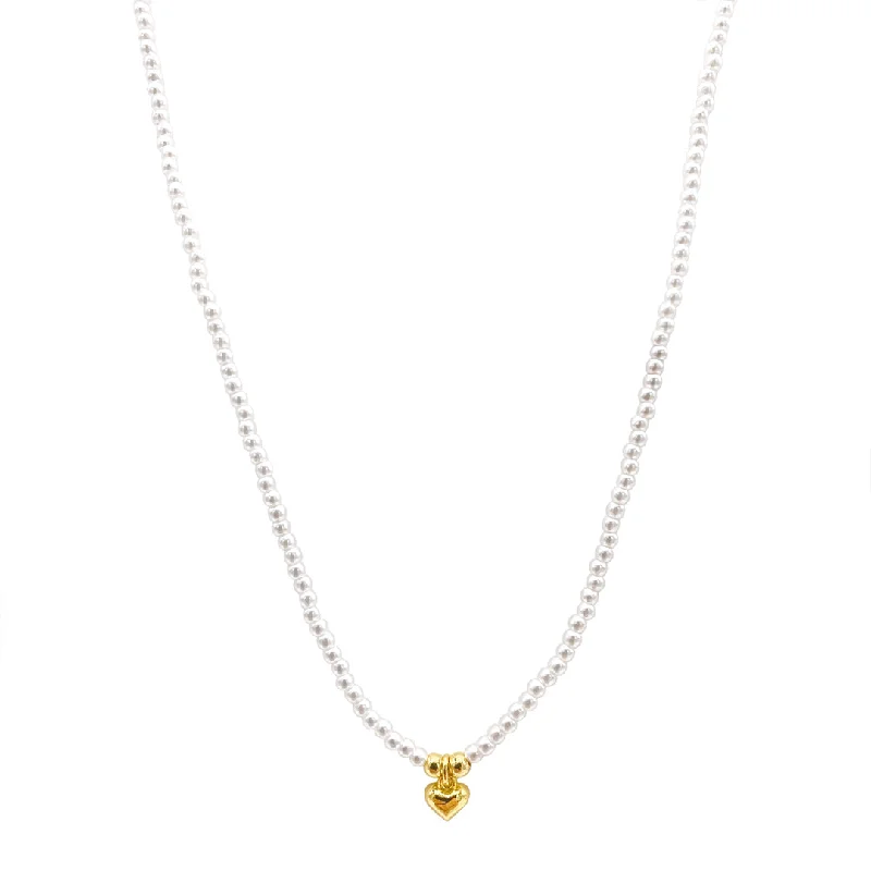 Women’s minimal pendant necklaces-14k Gold Plated Seed Pearl and Heart Charm Necklace