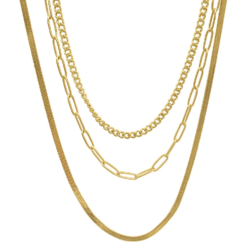 Women’s pearl drop necklaces-Tarnish Resistant 14k Gold Plated Curb, Herringbone, and Paper Clip Chain Necklace Set