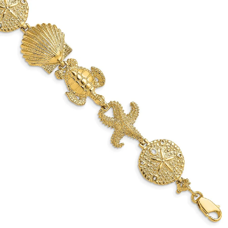 Women’s gold chain bracelets-14k Polished Sand Dollar, Starfish, Turtle Link Bracelet-WBC-FB1822-7