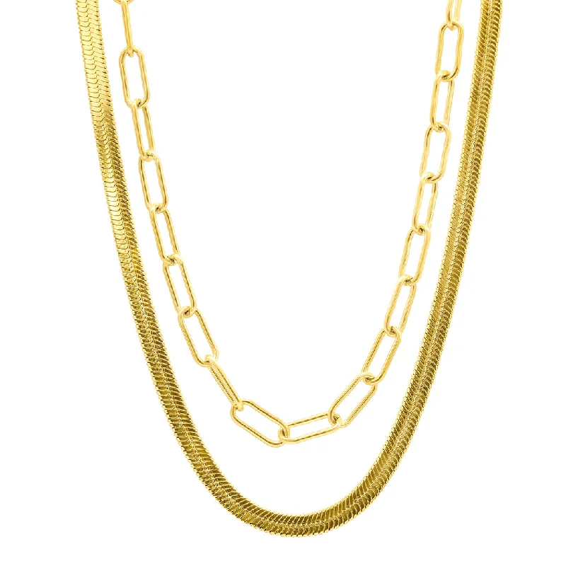 Women’s eternity necklaces-Tarnish Resistant 14k Gold Plated Set Of Herringbone And Paper Clip Necklaces