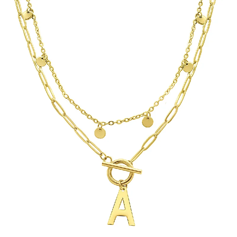 Women’s designer pendant necklaces-Tarnish Resistant 14k Gold Plated Confetti And Paperclip Layered Initial Toggle Necklace