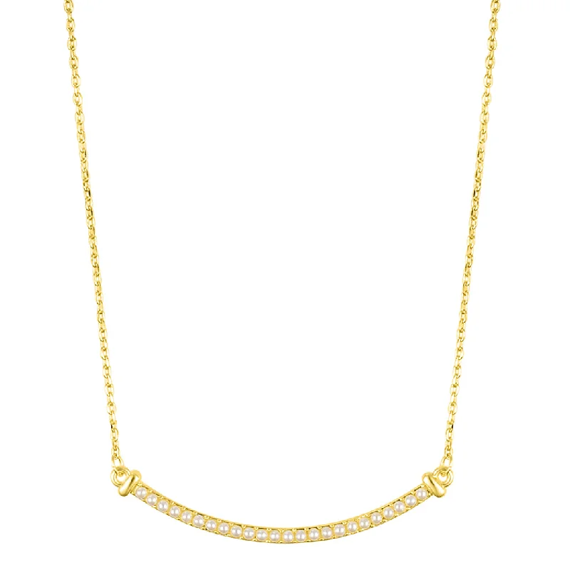 Women’s teardrop necklaces-14k Gold Plated Pearl Curved Bar Necklace