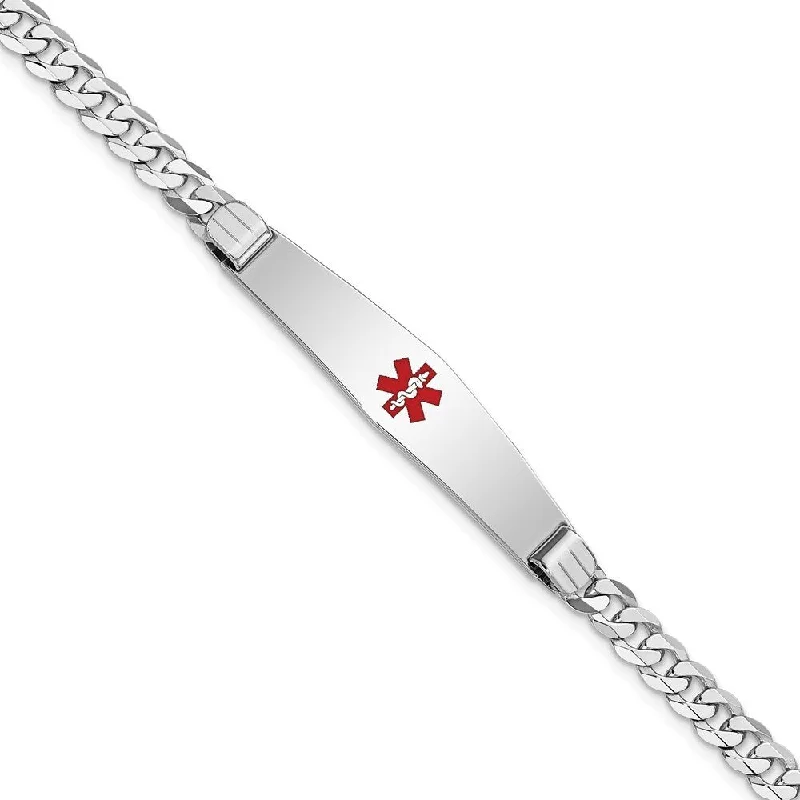 Women’s minimalistic bangles-14k White Gold 4.8mm Medical Soft Diamond Shape Red Enamel Flat Curb Link ID Bracelet, 7"