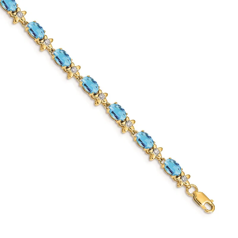 Women’s engraved bracelets-14k Floral Diamond and Blue Topaz Bracelet-WBC-BM4495-BT-010-YA