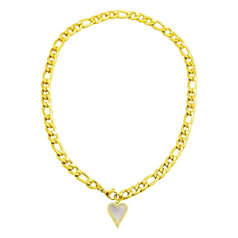 Women’s bar necklaces-Tarnish Resistant 14k Gold Plated Figaro Chain With Crystal Halo Mother-of-Pearl Heart