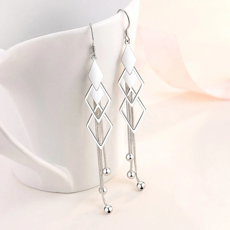 Women’s large diamond earrings-1 Pair Elegant Geometric Rhombus Irregular Tassel Sterling Silver