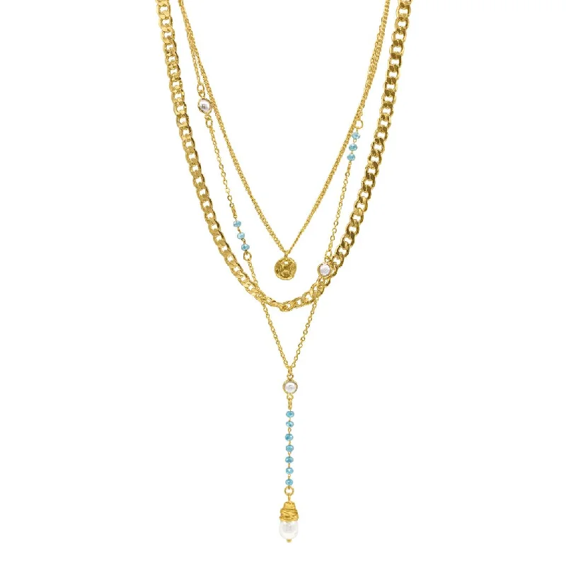 Women’s birthstone necklaces-14k Gold Plated Freshwater Pearl and Turquoise Beaded Layered Necklace