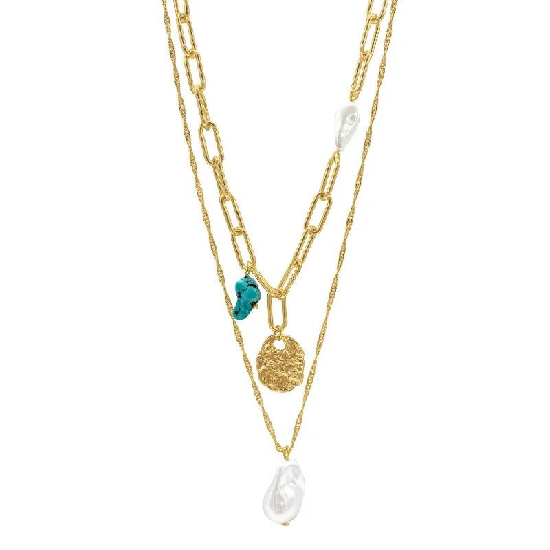 Women’s multi-strand necklaces-14k Gold Plated Pearl and Turquoise Stone Pendants Layered Necklace