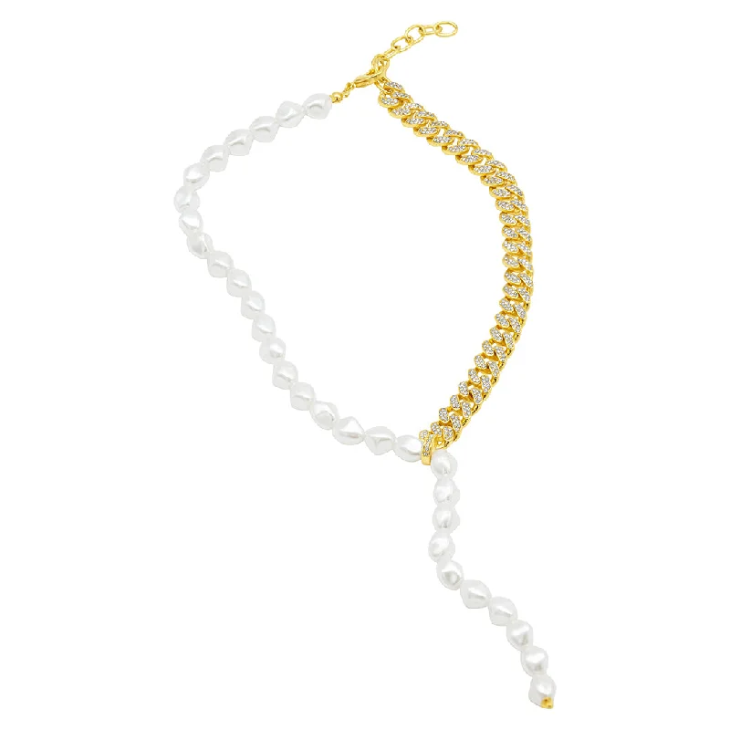 Women’s custom necklaces-14k Gold Plated Half and Half Pearl Lariat Chain Necklace