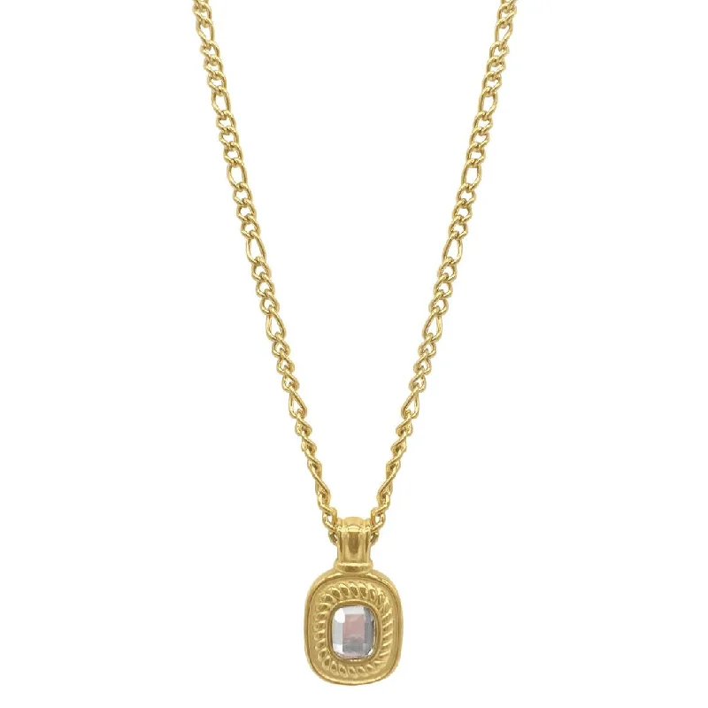 Women’s rose gold pendant necklaces-Tarnish Resistant 14k Gold Plated Figaro Chain with Clear Crystal Pendant Necklace