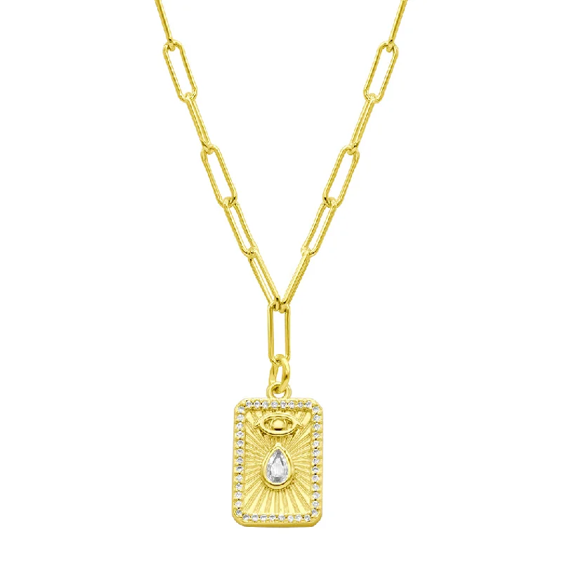 Women’s multi-layer necklaces-14k Gold Plated Paperclip Evil Eye Tablet Necklace