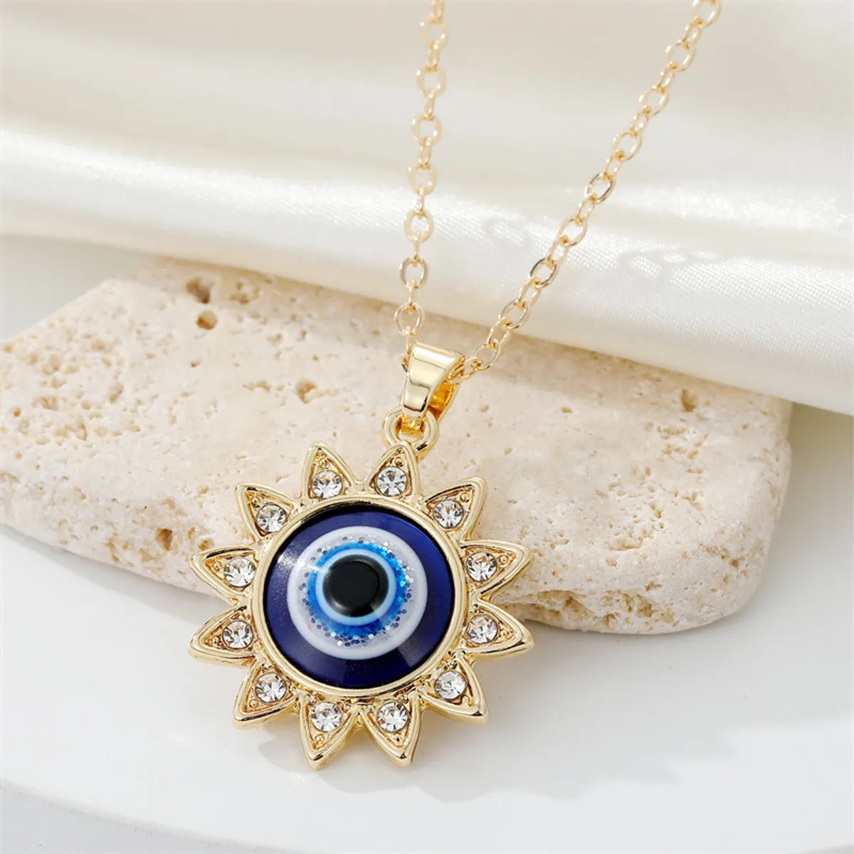 Women’s emerald-cut necklaces-European Cross-border Sold Jewelry Vintage Full Diamond Sunflower Devil's Eye Pendant Necklace Turkish Eye Metal Necklace