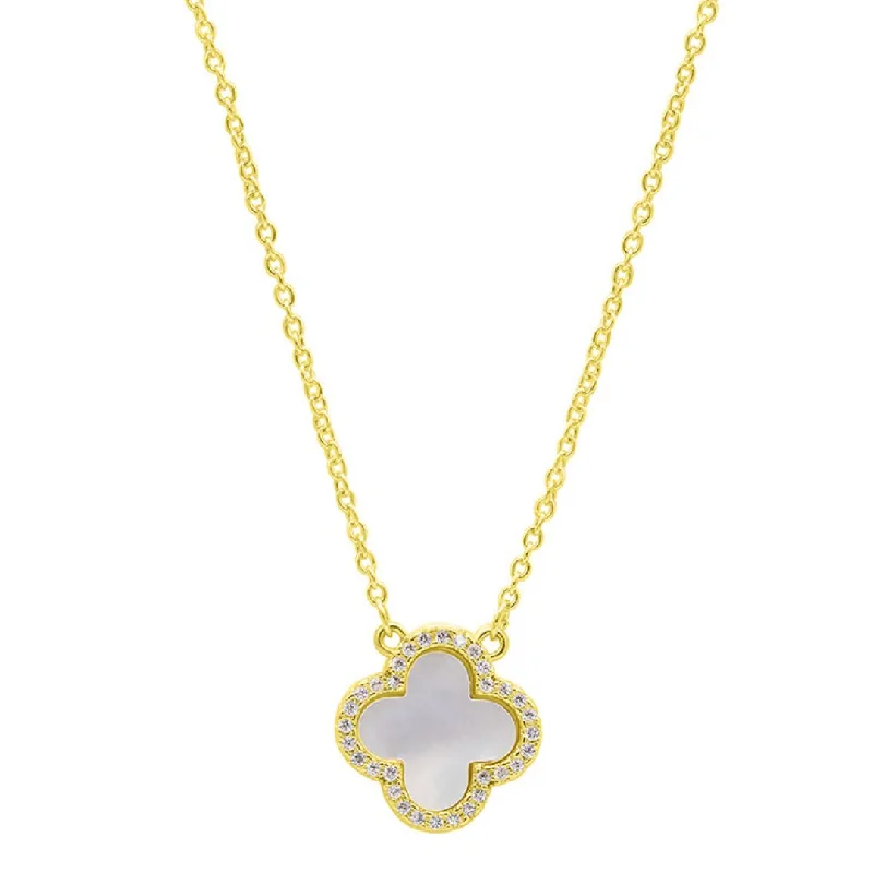 Women’s ruby necklaces-14k Gold Plated Crystal Halo White Mother of Pearl Clover Necklace