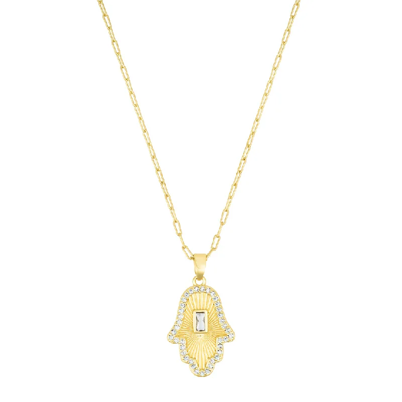 Women’s designer necklaces-14k Gold Plated Baguette Stone Hamsa Necklace