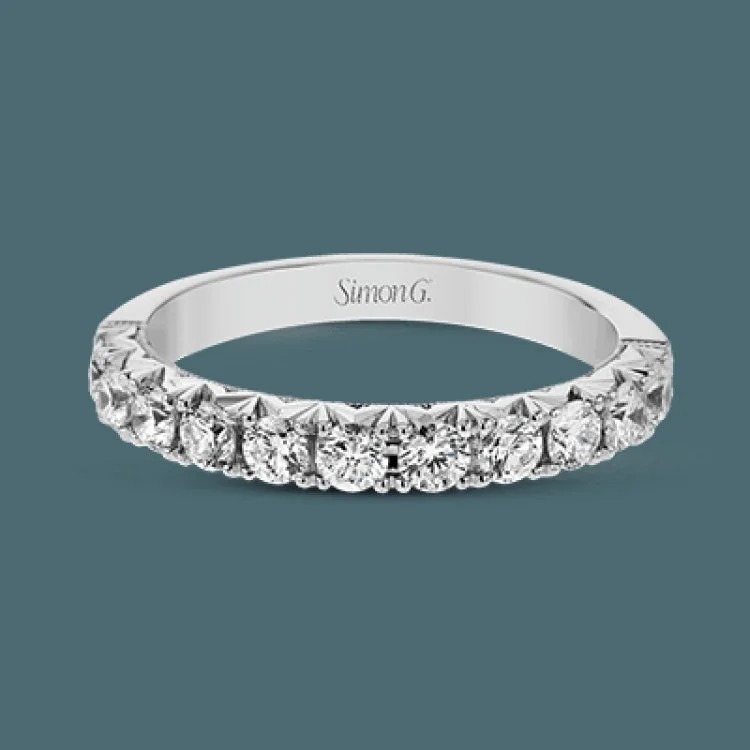 This classic wedding band features a distinctive setting style that shows off the .75 ctw of white diamonds to their full advantage.