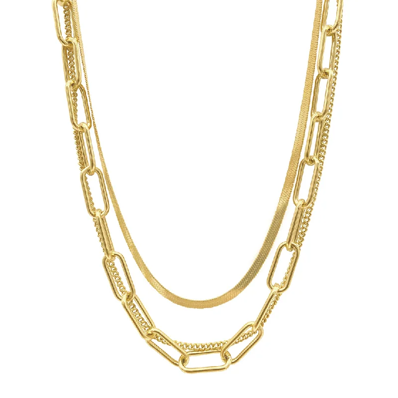 Women’s minimalist necklaces-Tarnish Resistant 14k Gold Plated Set of Paper Clip, Snake Chain and Curb Chain Neckalce