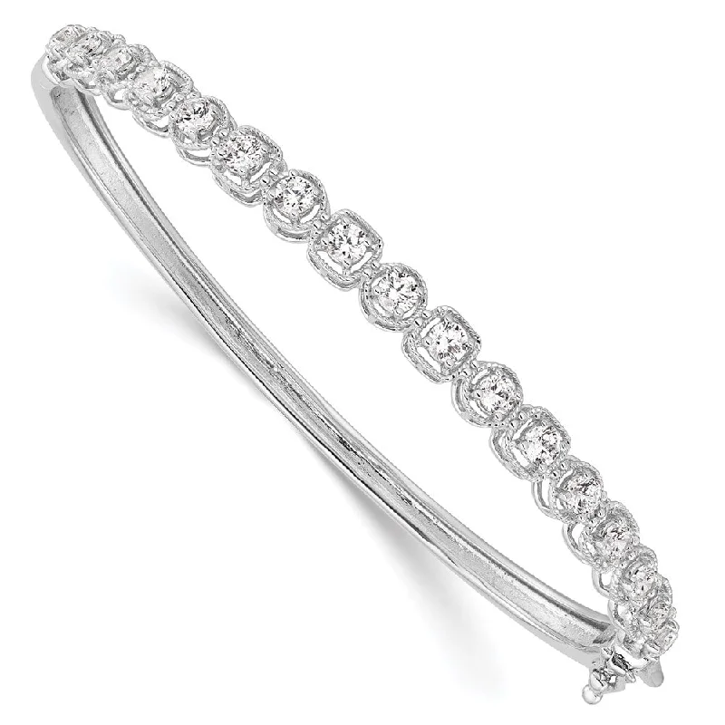 Women’s leather bangles-925 Sterling Silver Rhodium-plated Cubic Zirconia Hinged Bangle Bracelet