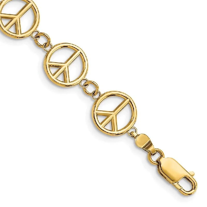 Women’s multi-strand bracelets-14k Yellow Gold 10.2mm Polished Peace Sign Bracelet, 7.5"