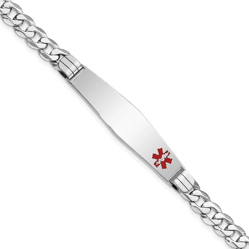 Women’s gold-plated bangles-14k White Gold 9.5mm Medical Soft Diamond Shape Red Enamel Flat Curb Link ID Bracelet, 8"